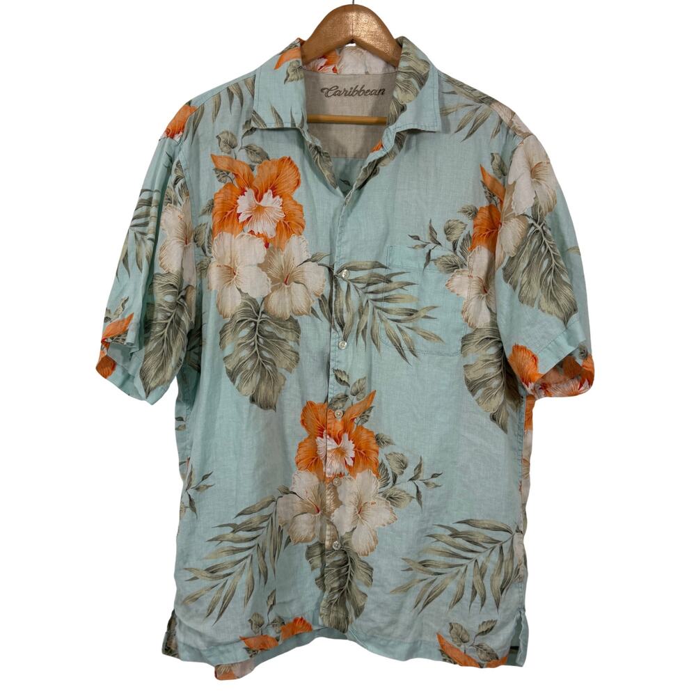 Caribbean Men’s Linen Hawaiian Shirt Large Aqua Blue Floral Tropical Camp - Picture 2 of 10